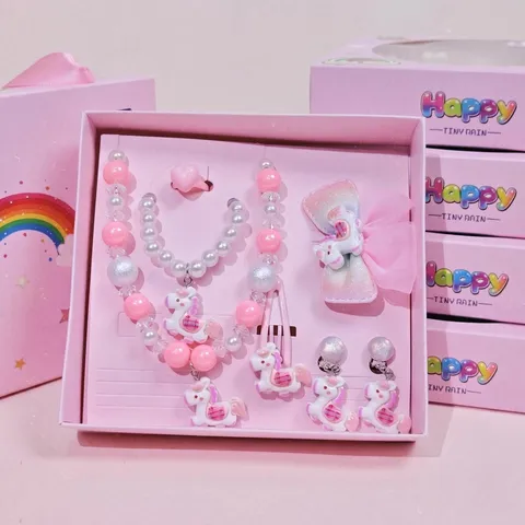 Kids Cartoon Unicorn Pendant Necklace Bracelet Gift Box Princess Jewelry Set