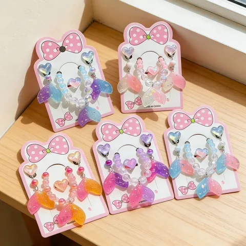 Kids Cartoon Mermaid Tail Jewelry Set Resin Beaded Bracelets Rings Clip-on Earrings Cute Little Girls Accessories