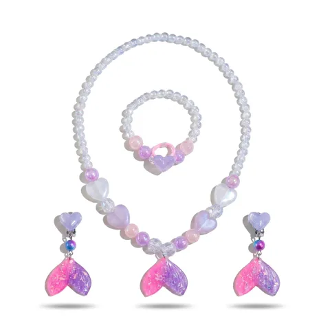 Kids Cartoon Mermaid Tail Beaded Necklace Bracelet Earrings Ring Jewelry Set Cute Princess Accessories