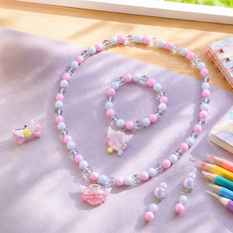 Kids Cartoon Princess Necklace Bracelet Earrings Ring Cute Unicorn Angel Heart Beaded Jewelry Gift For Little Girls