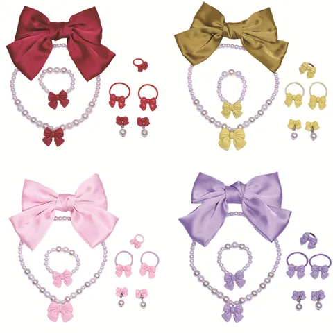 Kids Jewelry Set Cute Bow Imitation Pearl Necklace Bracelet Ring Ear Clips Girls Sweet Dress Up Accessories