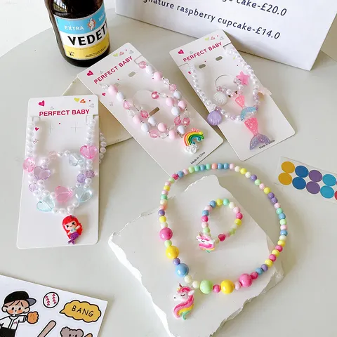 Children Beaded Necklace Set Plastic Resin Unicorn Mermaid Pendant Fashion Jewelry Gift For Girls