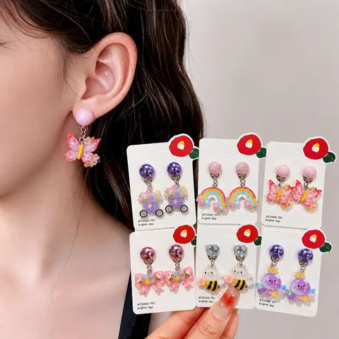 Kids Cute Cartoon Resin Clip On Earrings Non Piercing Rainbow Butterfly Bee Octopus Design Fashion Jewelry Gift