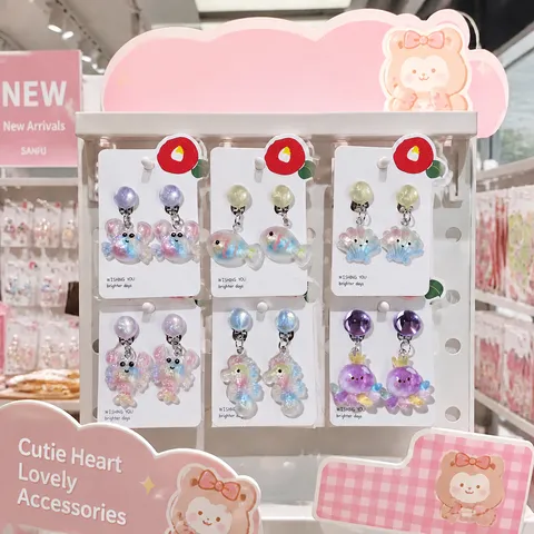 Kids Cute Cartoon Resin Clip On Earrings Non Piercing Rainbow Butterfly Bee Octopus Design Fashion Jewelry Gift