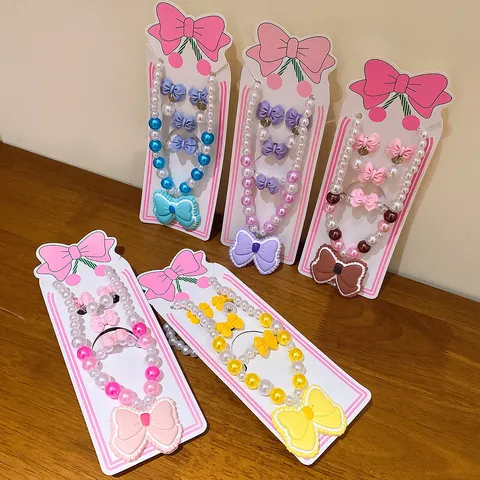 Kids Bowknot Pearl Jewelry Set Cute Bow Necklace Earrings Bracelet Ring Set Korean Style Children Girl Gift
