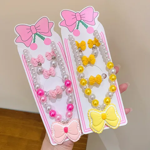Kids Bowknot Pearl Jewelry Set Cute Bow Necklace Earrings Bracelet Ring Set Korean Style Children Girl Gift