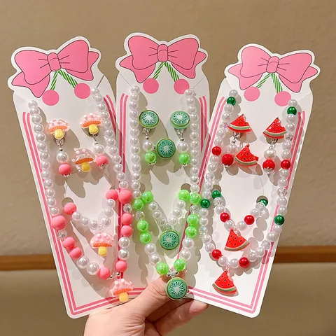 Kids Cute Fruit Pearl Necklace Bracelet Earrings Ring Jewelry Set Children Sweet Princess Accessories
