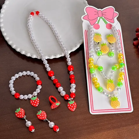Kids Cute Fruit Pearl Necklace Bracelet Earrings Ring Jewelry Set Children Sweet Princess Accessories
