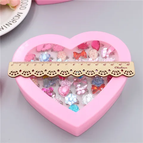 Kids Cute Cartoon Rhinestone Adjustable Rings Set Heart Shaped Box Girls Fashion Alloy Rhinestone Jewelry Finger Rings