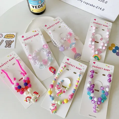 Children Beaded Necklace Set Plastic Resin Unicorn Mermaid Pendant Fashion Jewelry Gift For Girls