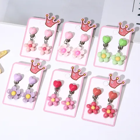 Children Clip On Earrings Cute Heart Flower Resin Stud Earrings For Little Girls Sweet Multi Color Ear Jewelry Kids Gift