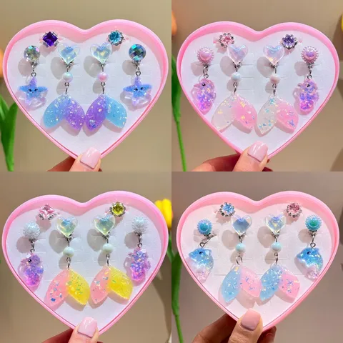 Children Cartoon Mermaid Tail Clip-on Earrings Ring Set Cute Resin Alloy Princess Jewelry Gift For Little Girls