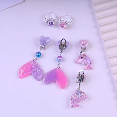 Children Cartoon Mermaid Tail Clip-on Earrings Ring Set Cute Resin Alloy Princess Jewelry Gift For Little Girls