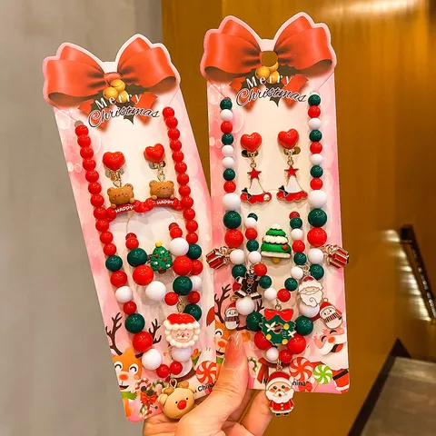 Kids Christmas Jewelry Set Santa Claus Reindeer Necklace Bracelet Earrings Party Dress Up Accessories Children Gift
