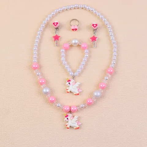 Kids Pearl Necklace Bracelet Ring Earrings Set Cute Cartoon Unicorn Princess Jewelry Gift For Girls Party