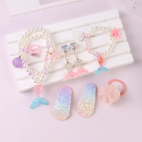 Kids Jewelry Set Cartoon Unicorn Mermaid Necklace Bracelet Ring Gift Box Children Cute Fashion Accessories