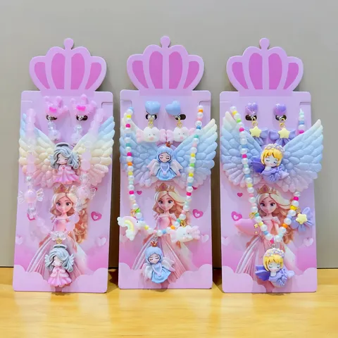 Kids Cute Resin Cartoon Angel Princess Necklace Colorful Beaded Pendant Necklace Sweet Fashion Jewelry Gift For Girls