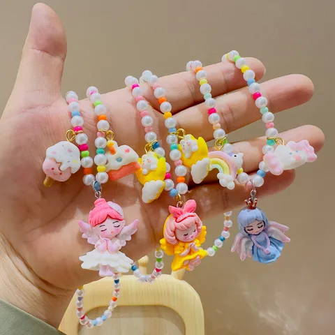 Kids Cute Resin Cartoon Angel Princess Necklace Colorful Beaded Pendant Necklace Sweet Fashion Jewelry Gift For Girls