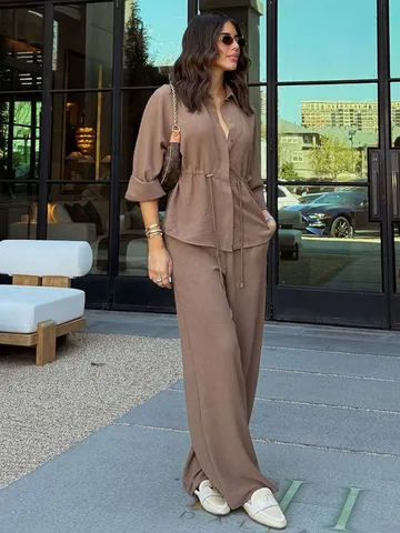 Ensemble Deux Pièces Décontracté en Satin pour Femme Chemise à Manches Longues et Revers et Pantalon Large Couleur Unie