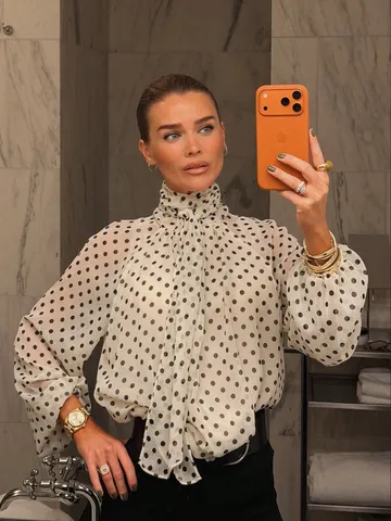 Blouse Manches Longues Design Pois Français Femme Casual Col Noué Plissé Manches Boules Coupe Ample Mode Haut