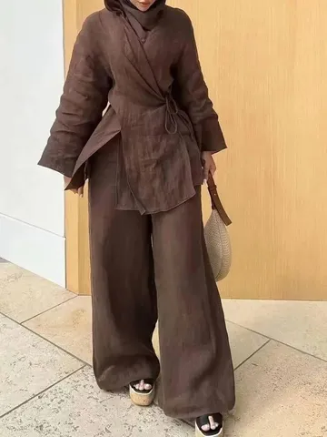 Ensemble Haut et Pantalon Décontracté à Manches Longues Col en V à Lacets pour Femmes Couleur Unie Coupe Ample en Polyester