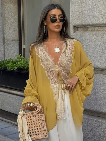 Women Casual V-Neck Lace Patchwork Chiffon Cardigan Long Sleeve Sun Protection Blouse Fashion Loose Summer Top