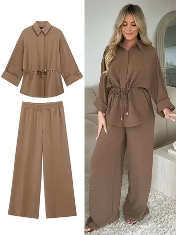 Ensemble Deux Pièces Décontracté en Satin pour Femme Chemise à Manches Longues et Revers et Pantalon Large Couleur Unie