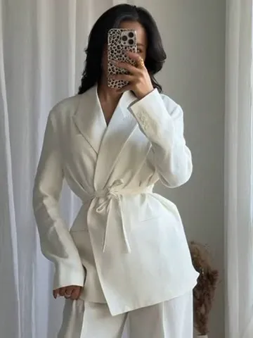 Blazer Décontracté en Mélange de Lin pour Femmes Manches Longues Revers Ceinturé Couleur Unie Veste Ouverte Vêtements d'Extérieur de Bureau