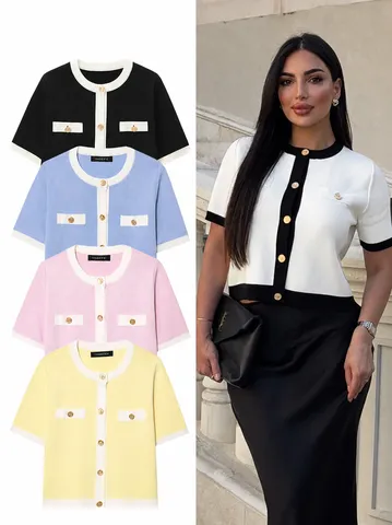 Cardigan de Punto de Manga Corta con Contraste de Colores Estilo Europeo para Mujer Cuello Redondo Botones