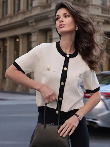 Cardigan en Tricot à Manches Courtes et Couleurs Contrastées Style Européen pour Femmes Col Rond Boutons