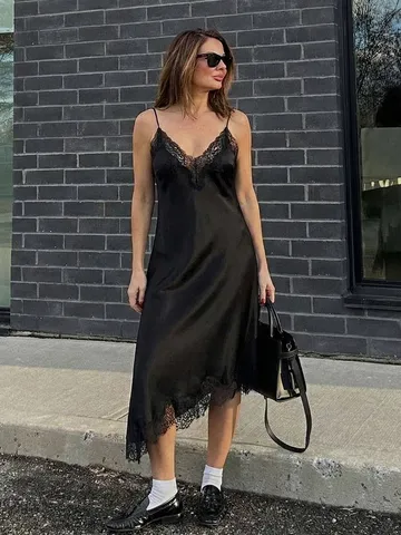 Women's European Style Lace Trim Satin Texture Slip Dress Elegant V Neck Sleeveless Midi Dress Casual Solid Color Dress