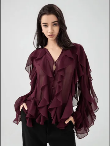 Dames Casual Lange Mouw V-Hals Blouse Effen Kleur Gelaagde Volants Pullover Elegante Mode Shirt Top