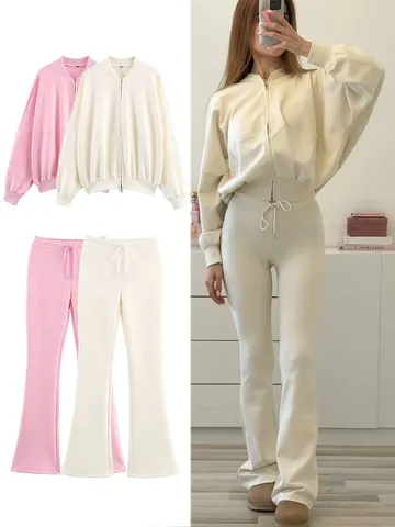 Femmes Décontracté Zippé Bomber Veste Et Pantalon Évasé Haut Et Bas Tenue Manches Longues Mode Sweat Streetwear