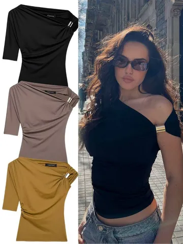T-Shirt Slim Asymétrique Une Épaule pour Femme Top Décontracté à Manches Courtes avec Détail d'Anneau en Métal Polyester