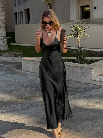 Robe Longue Maxi Slip en Satin Dos Nu Sexy pour Femmes Élégante Col V Sans Manches Robe de Soirée d'Été