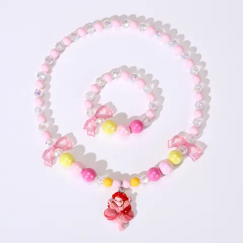 Kids Princess Beaded Necklace Bracelet Earrings Set Cartoon Style Artificial Pearl Fashion Jewelry Gift