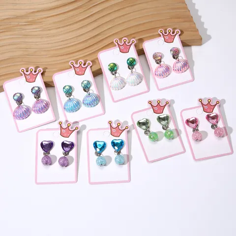 Kids Cute Princess Colorful Shell Heart Clip On Earrings Non Pierced Resin Earrings Girls Fashion Jewelry Gift