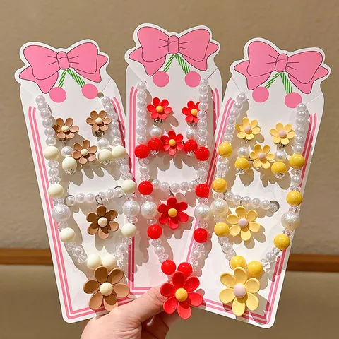 Kids Princess Style Pearl Necklace Bracelet Ring Earrings Set Cute Floral Resin Jewelry Gift For Little Girls