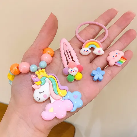 Children Cartoon Unicorn Rainbow Beaded Necklace Bracelet Ring Hair Clip Jewelry Cute Gift Box Set For Kids