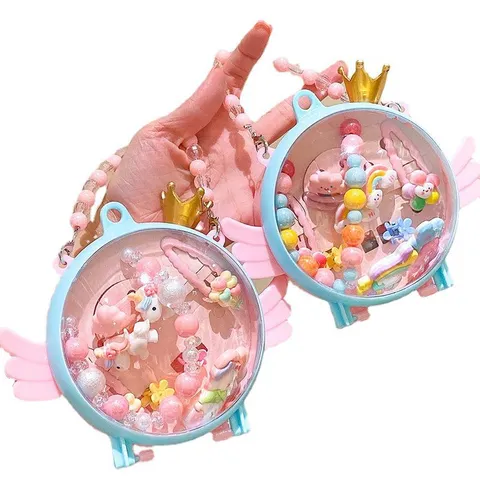 Children Cartoon Unicorn Rainbow Beaded Necklace Bracelet Ring Hair Clip Jewelry Cute Gift Box Set For Kids