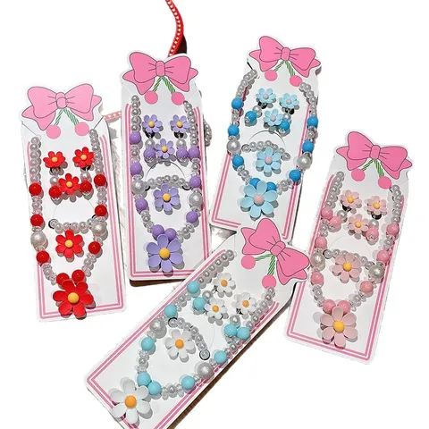 Kids Princess Style Pearl Necklace Bracelet Ring Earrings Set Cute Floral Resin Jewelry Gift For Little Girls