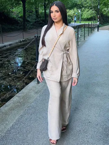 Damen Casual Baumwolle Leinen Kimono Cardigan Und Weite Hose Set Unifarben Langarm Zweiteiliges Outfit