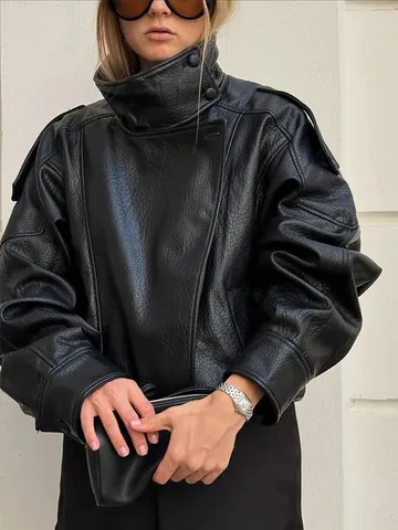 Veste en Cuir PU Décontractée pour Femmes Col Montant Manches Longues Fermeture Éclair Motif Litchi Vêtements d'Extérieur Mode Streetwear