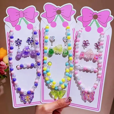 Kids Jewelry Set Princess Pearl Beaded Necklace Bracelet Earrings Ring Cute Bow Children Gift Party Jewelry