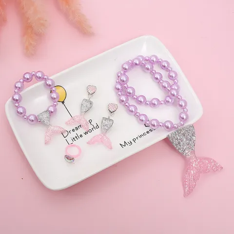 Kids Princess Resin Mermaid Tail Necklace Bracelet Earrings Ring Jewelry Set Cartoon Girls Gift