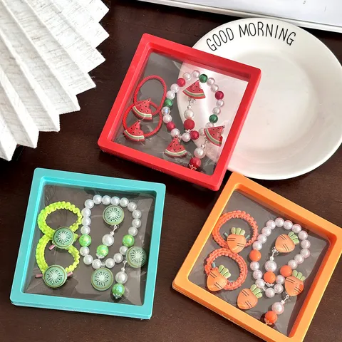 Kids Fruit Pearl Bracelet Set Cartoon Cute Strawberry Banana Orange Beaded Bracelet Gift Box Children Jewelry