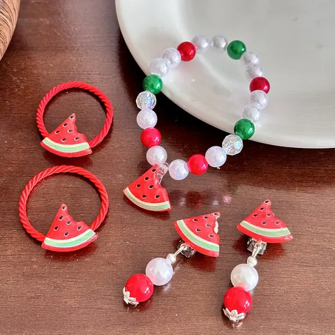 Kids Fruit Pearl Bracelet Set Cartoon Cute Strawberry Banana Orange Beaded Bracelet Gift Box Children Jewelry