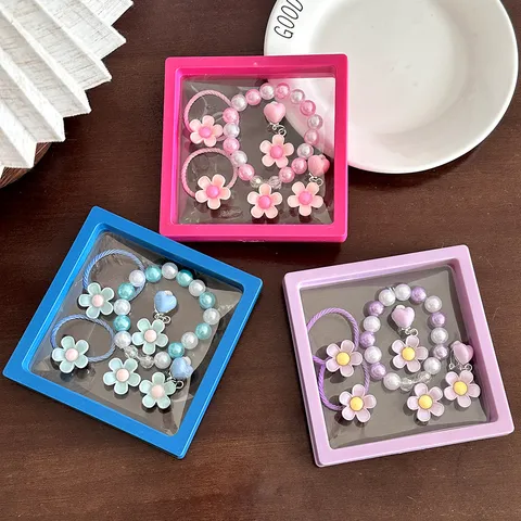 Childrens Floral Pearl Bracelet Set Gift Box Cute Cartoon Resin Bead Bracelets For Girls Birthday Party Kids Jewelry