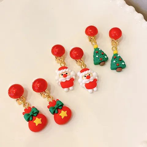 Kids Christmas Clip On Earrings Cute Cartoon Santa Claus Elk Resin Ear Clips Children Holiday Jewelry Gift