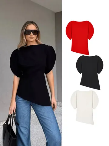 T-Shirt Décontracté Femme Mode Slim Col Rond Manches Bouffantes Ourlet Asymétrique Couleur Unie Haut Élégant Quotidien